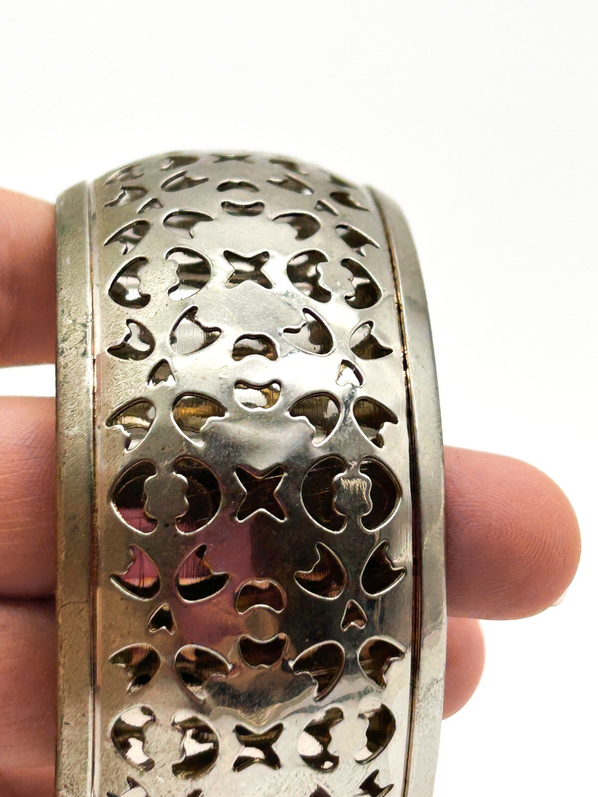 Chunky Silver Tone Openwork Bangle Bracelet Cuff