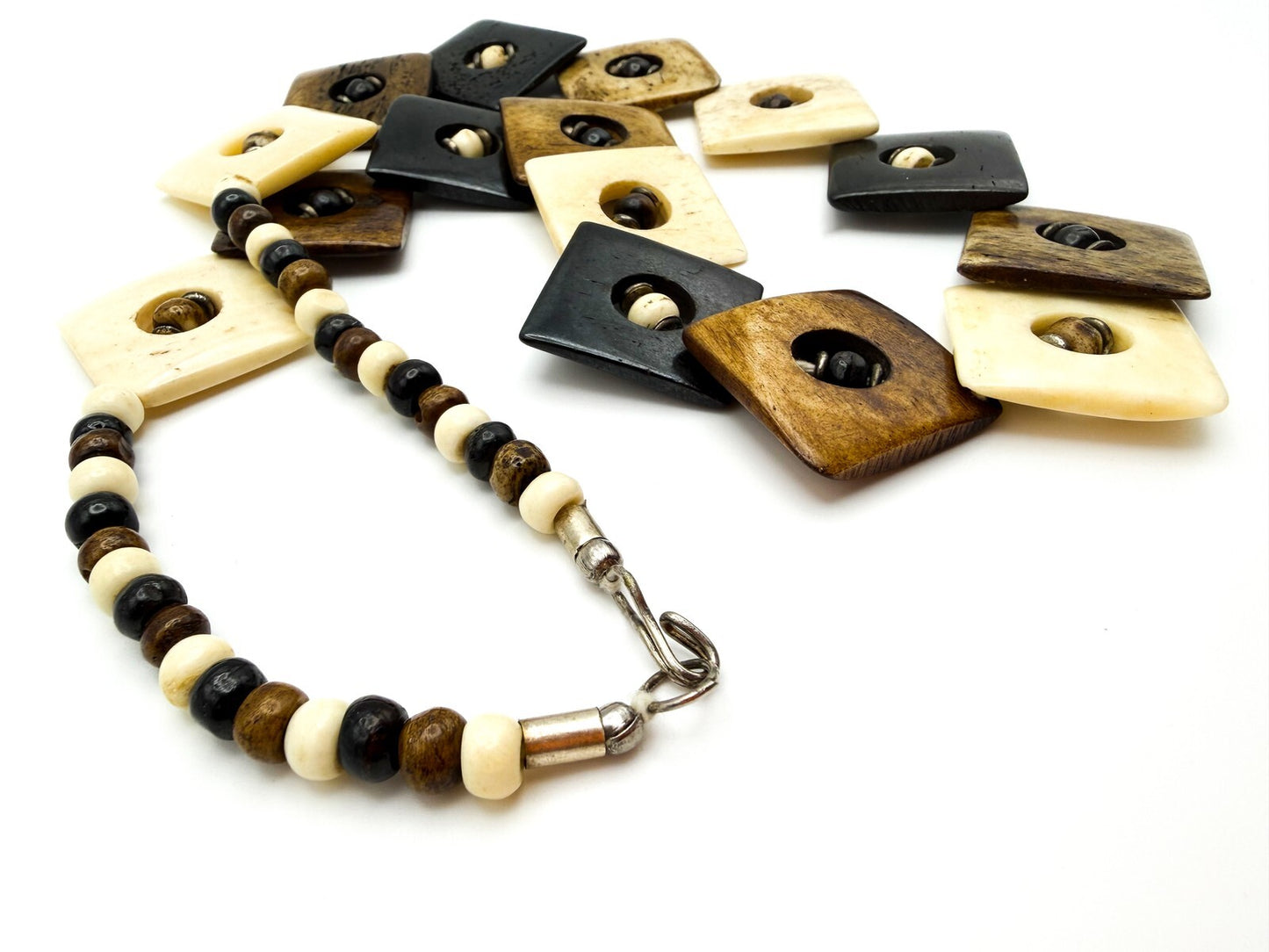 Vintage Organic Material Brown & Cream Inlaid Square Beaded Statement Necklace