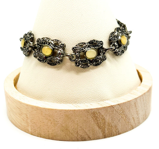 Vintage Ornate Marcasite-Effect Bracelet Iridescent Lemon Cabochon Silver Tone