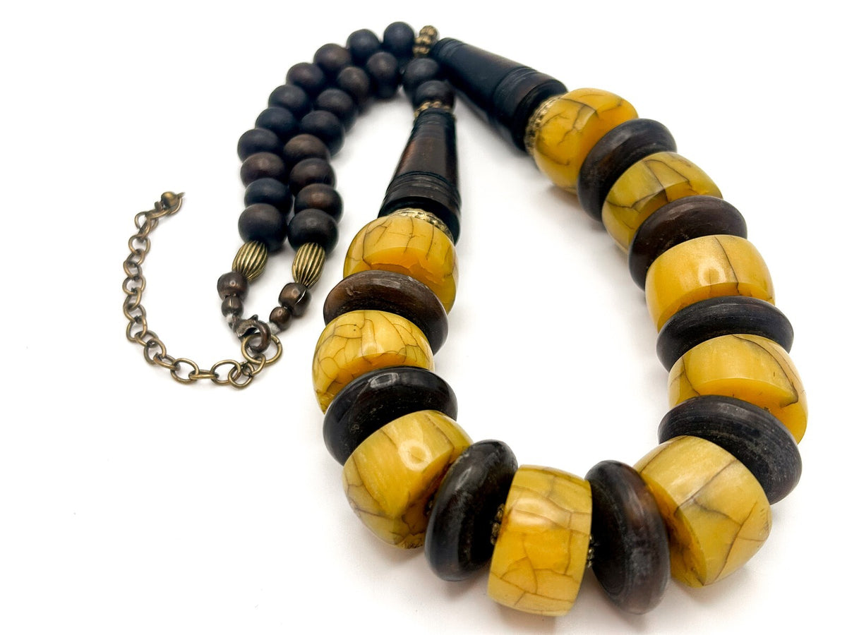 Vintage Dark Wood & Yellow Chunks Boho Necklace with Bronze Tone Accents