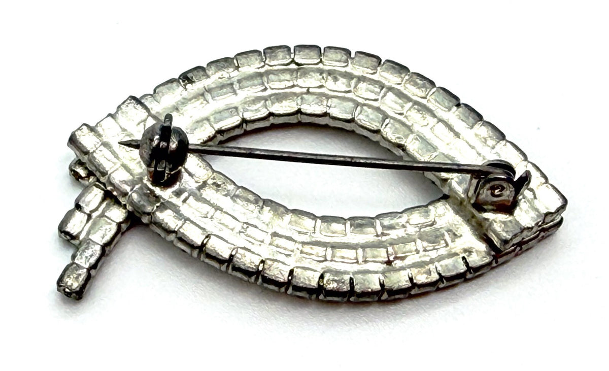 Art Deco Style Rhinestone Brooch Blue Clear Crystal Leaf Marquise SilverTone Pin