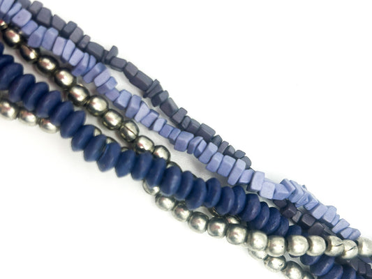 Vintage Multi-Strand Blue & Silver Glass Bead Torsade Necklace