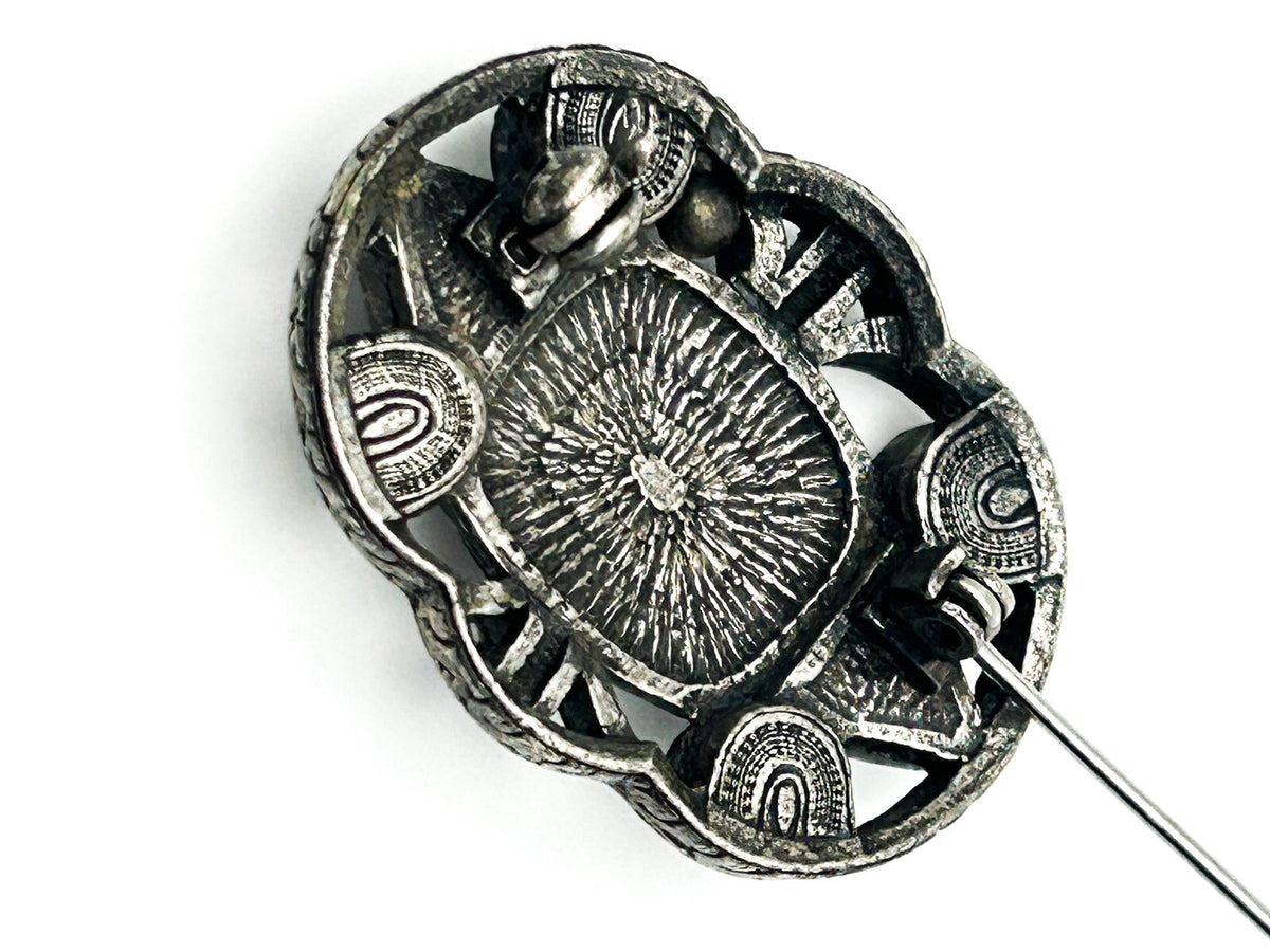 Celtic Style Green Brooch Silver Tone Cabochon Vintage Pin