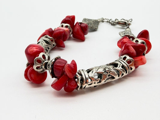 Vintage Red Coral Chip Bracelet Silver Tone Ornate Tube Beads Boho