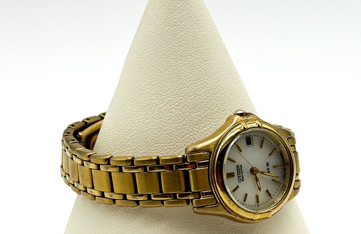Citizen Eco Drive Ladies Gold Tone Watch Date Bracelet WR50 Japan Analogue