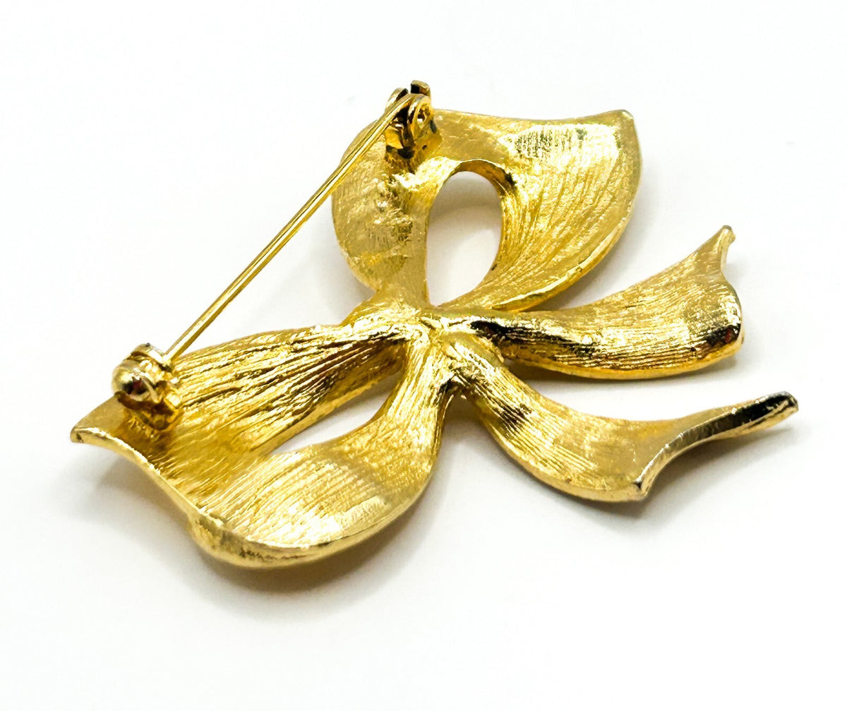 Vintage Gold Tone Bow Brooch Brushed Textured Ribbon Statement Pin 5cm