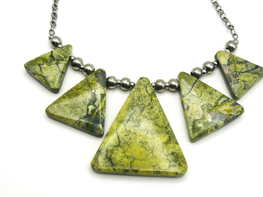 Serpentine Triangle Statement Necklace Lime Green Geometric Gemstone 19”