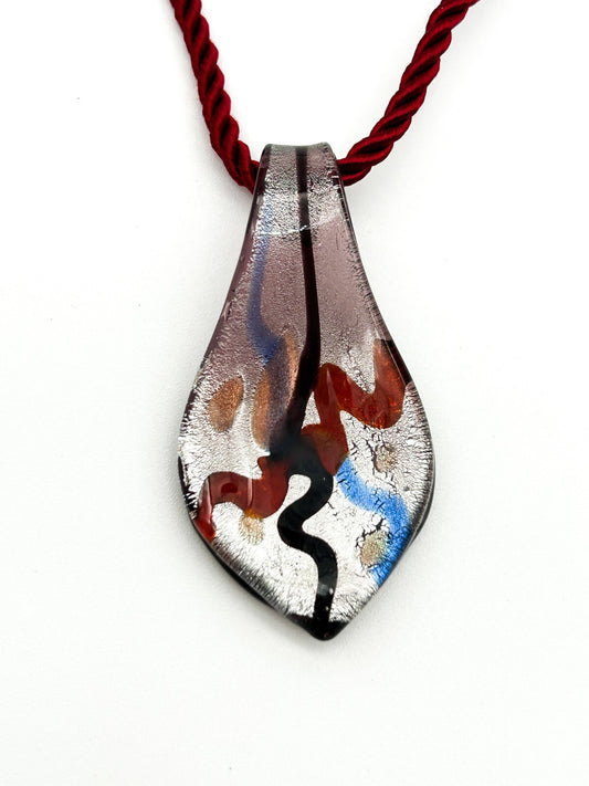 Murano Style Art Glass Pendant Necklace Red Blue Silver Abstract Foil Red Cord