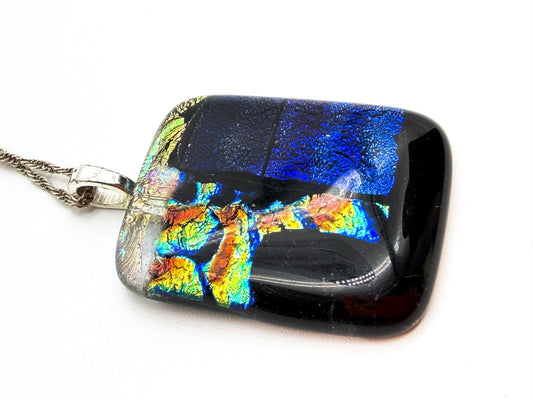 Dichroic Art Glass Pendant Necklace 925 Sterling Silver Chain Blue Iridescent