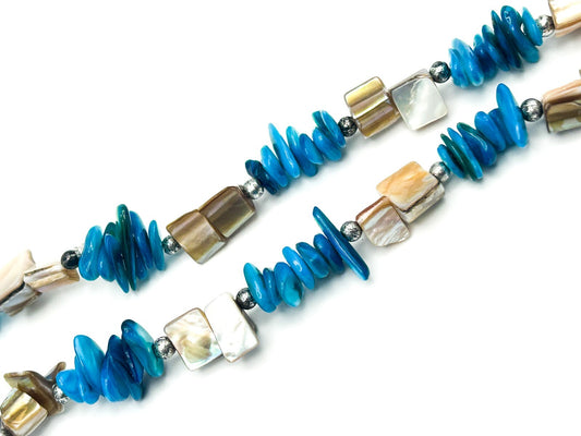 Long Blue & Cream Boho Mother of Pearl Shell Chip Iridescent Necklace