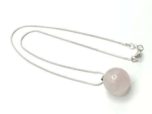 Rose Quartz Sphere Pendant Necklace on Silver Tone Snake Chain Semi Precious Gem