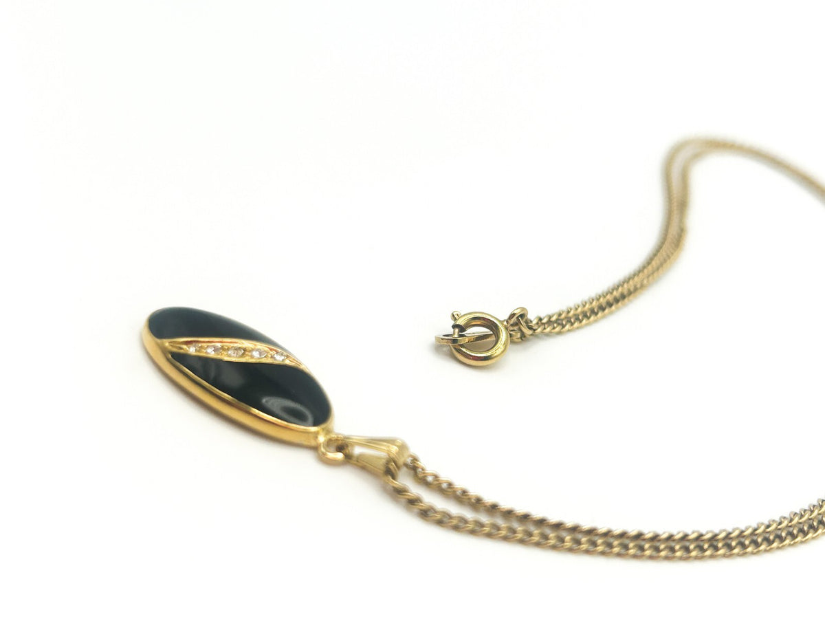 Vintage Avon Black Enamel, Rhinestone & Gold Tone Pendant Necklace 80s Style