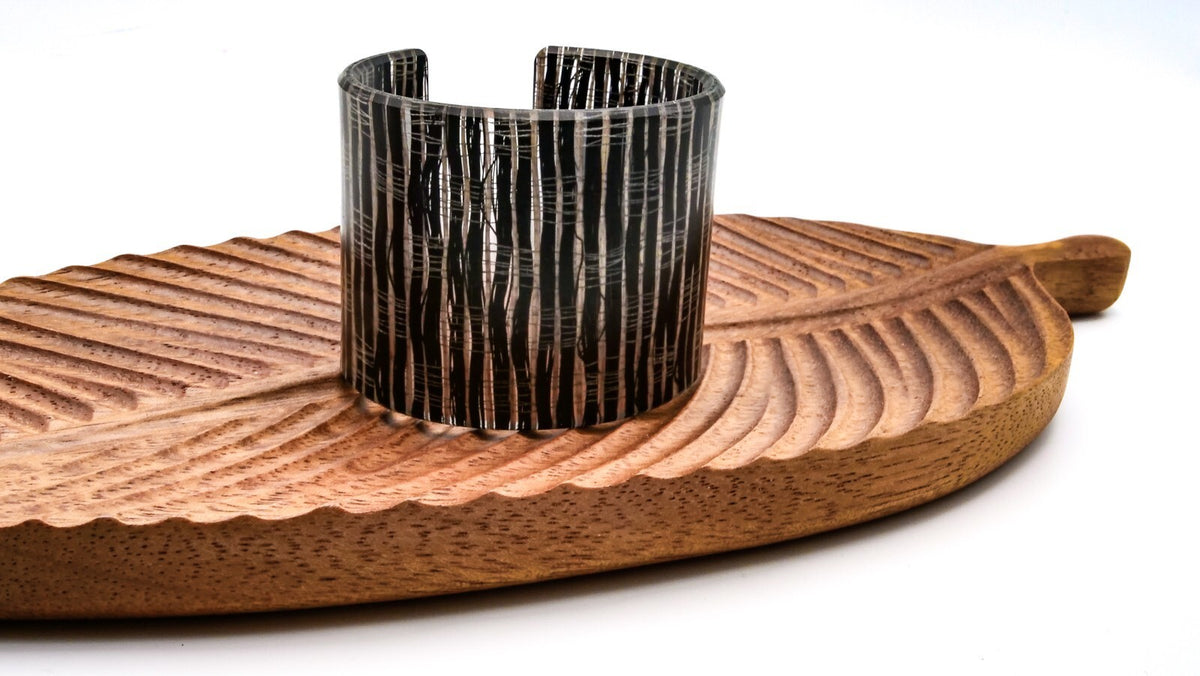 Wide Black & Silver Striped Acrylic Cuff Bangle Textured Fabric-effect