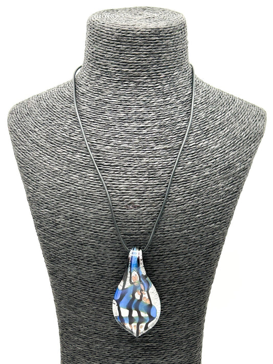 Murano Style Art Glass Pendant Necklace Blue, Silver & Black Abstract Design