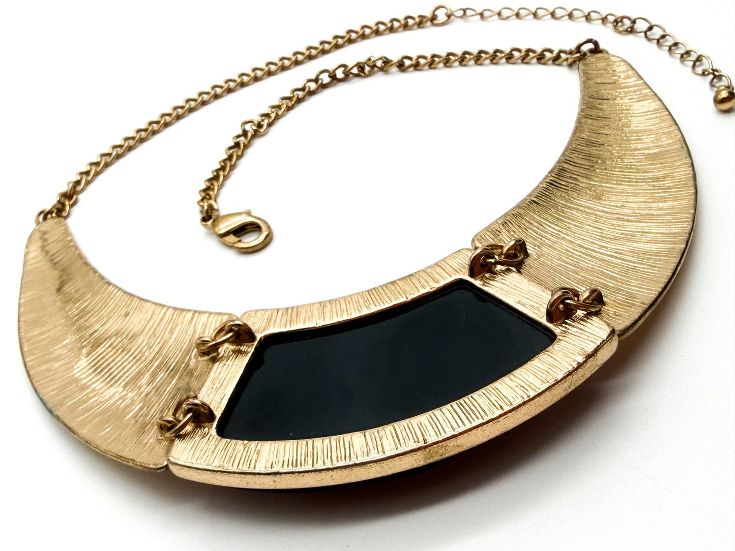 Gold Tone Hammered Collar Necklace with Black Faceted Acrylic Panel 13.5”