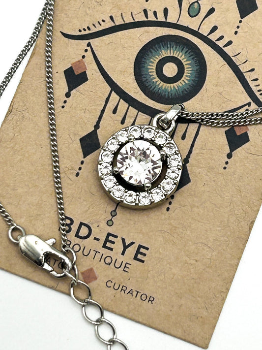 Silver Tone Crystal Halo Pendant Necklace – Round Solitaire with Pavé Frame