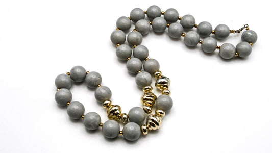 Vintage Grey & Gold Bead Necklace Marble Effect Swirl Lucite Beaded Retro
