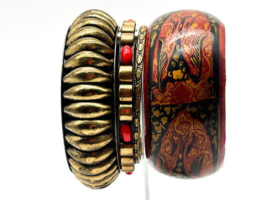 Vintage Red Gold Boho Bangle Bundle Painted Wood, Brass & Faux Coral Accents
