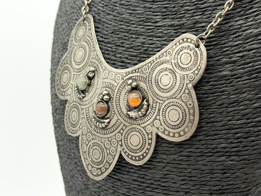 Silver Tone Ornate Ethnic Style Bib Necklace with Semi-Precious Agate Cabochons