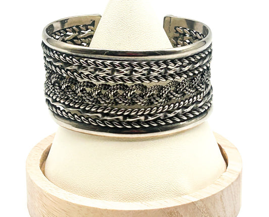 Silver Tone Woven Braid Rope Effect Cuff Bracelet Chunky Wide Adjustable Bangle