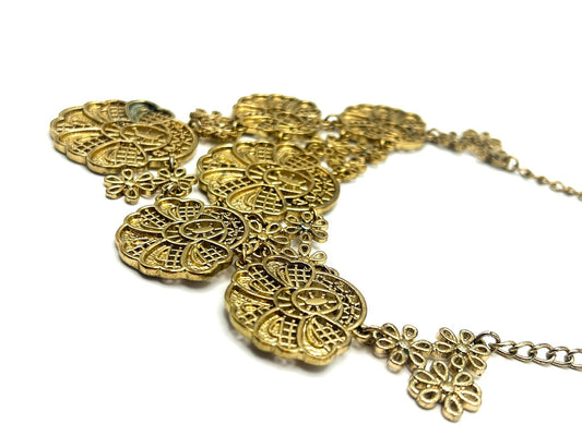 Gold Tone Filigree Bib Necklace Statement Articulated Panels Ornate Festival 17.