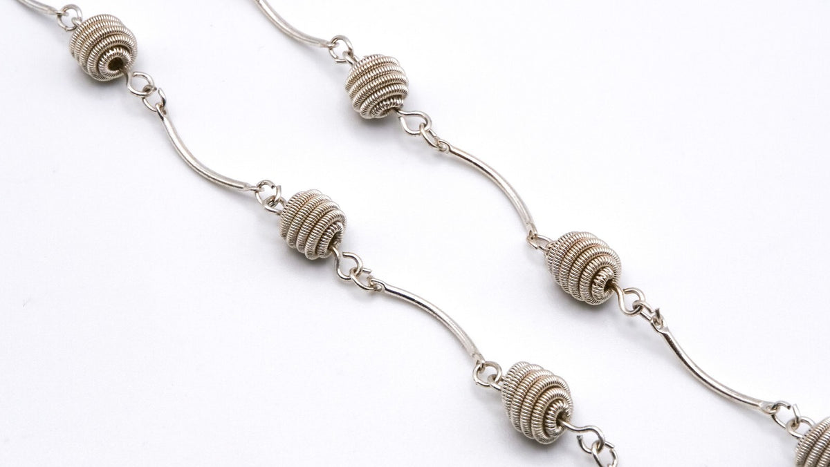 Coiled Bead Tube Chain Necklace | Silver Tone, 56 cm
