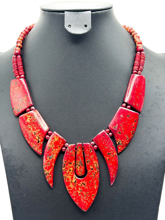 Chunky Deep Red Mottled Speckled Panel Tribal-inspired Statement Necklace - Boho