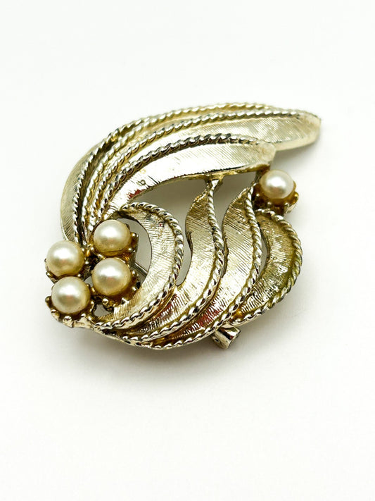 Vintage Gold Tone Faux Pearl Textured Art Nouveau Style Abstract Brooch