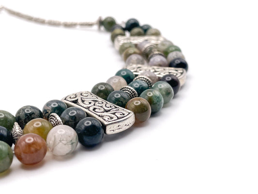 Agate and Silver Tone Statement Necklace - Gemstone, multicolour, 19 in, Boho