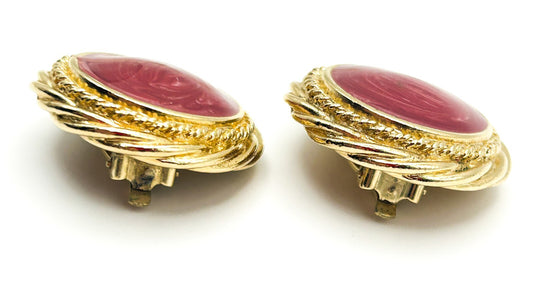 Vintage 80s Gold & Pink / White Swirl Circular Bold Clip On Earrings