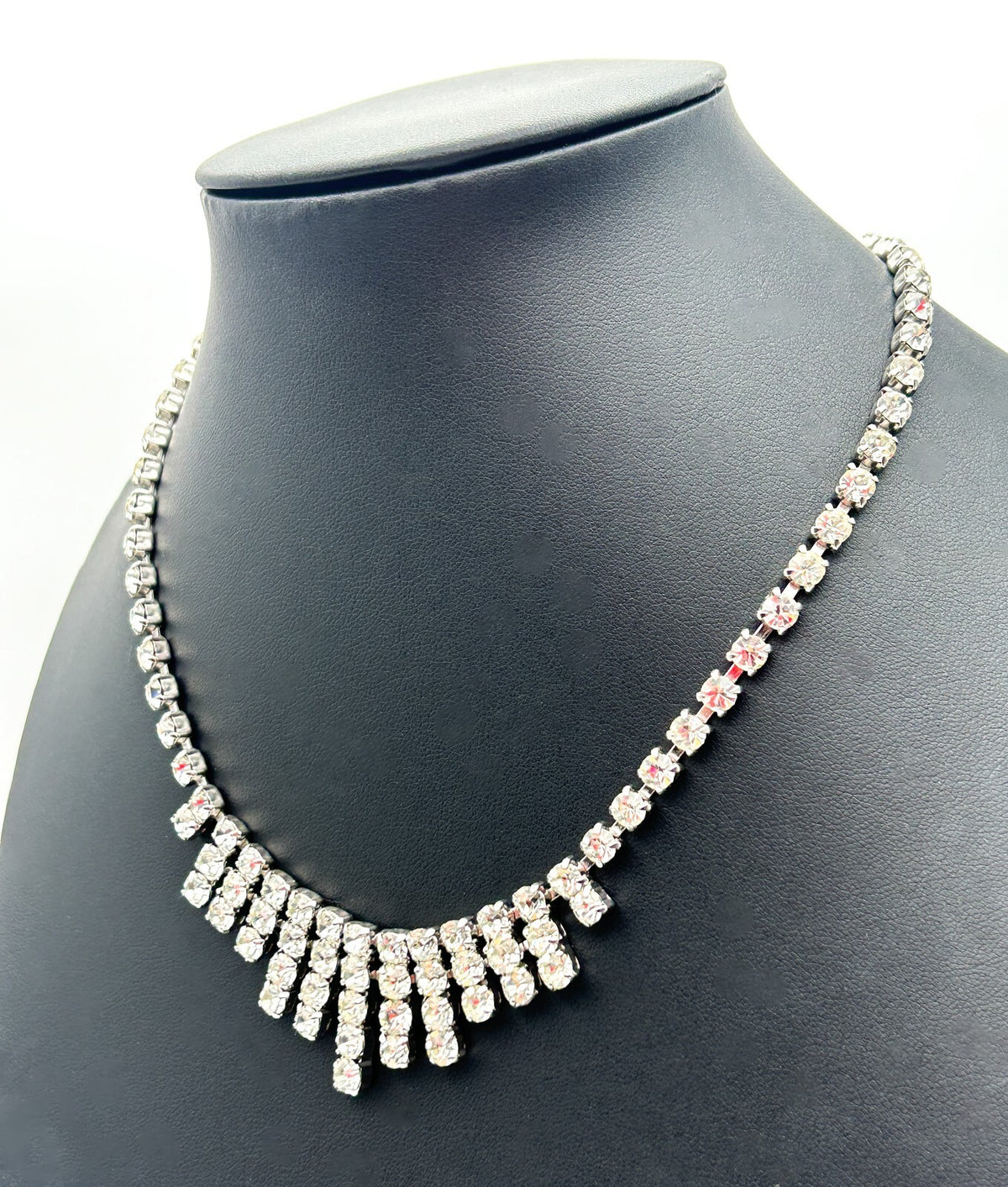 Vintage Rhinestone Fringe Necklace Silver Tone Waterfall Drop Bridal Sparkle