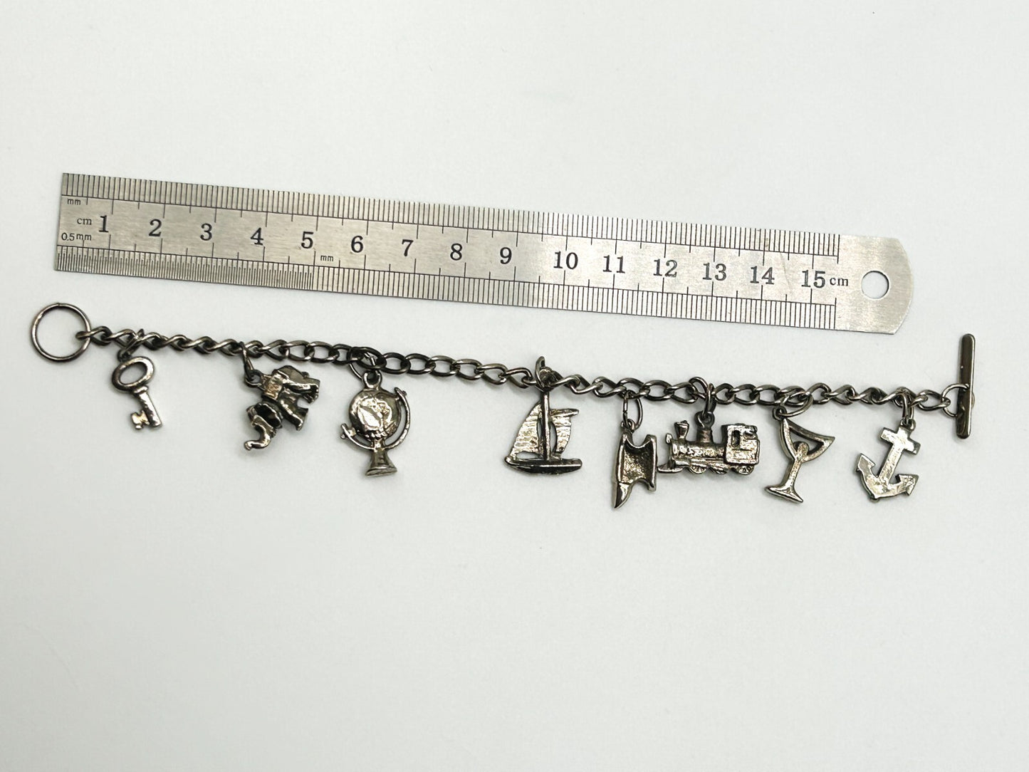 Travel Charm Bracelet Silver Tone Souvenir Holiday Theme 7” Boat Train Globe Key