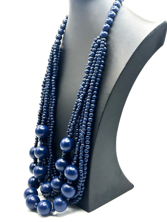 7-Strand Navy Blue Wood Beaded Bib Necklace – 16”