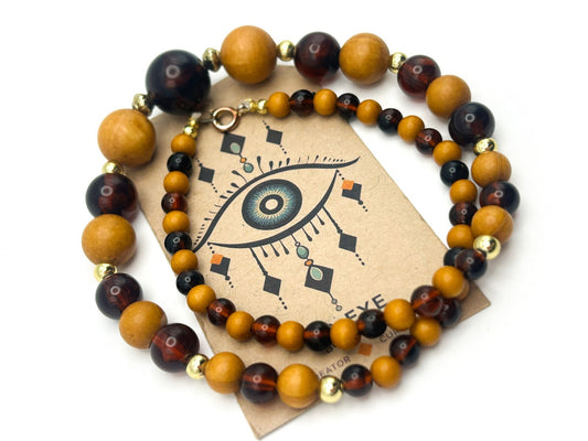 Vintage Wood and Brown Acrylic Beaded Necklace with Gold Tone Spacers 18.5”