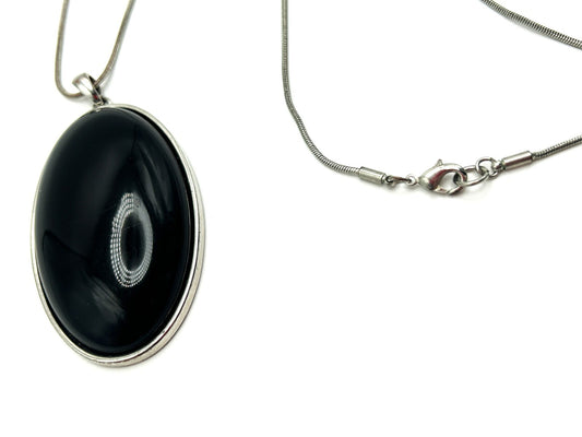 Black Cabochon Pendant Necklace Silver Tone Oval Statement Necklace