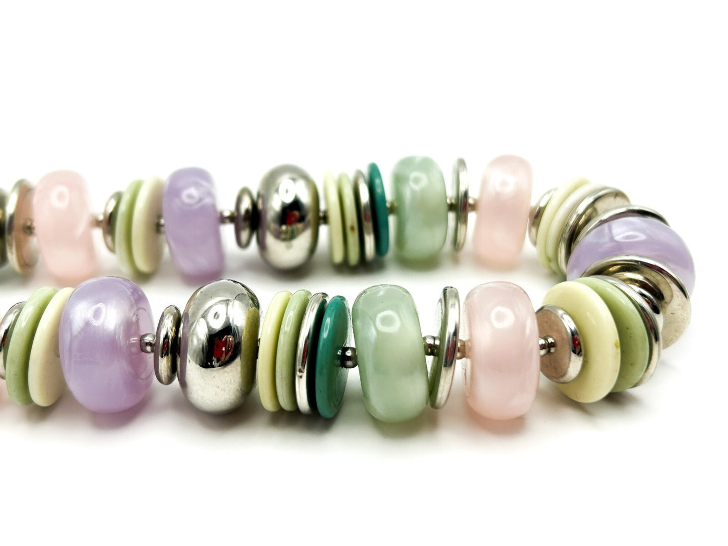 Vintage 90s-Y2K M&S Pastel Disc Bead Necklace with Silver Tone Spacers