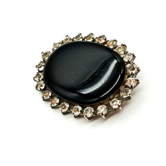 Vintage Black Cabochon Rhinestone Oval Brooch Silver Tone Statement 5cm