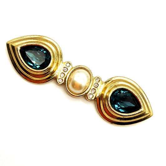Vintage Gold Tone Deep Blue Glass Faux Pearl Rhinestone Bar Brooch 7.5cm