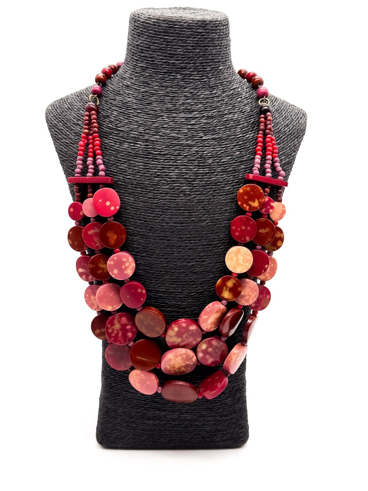 Triple Strand Pink Statement Necklace Red Disc Beads Chunky Layered 25"