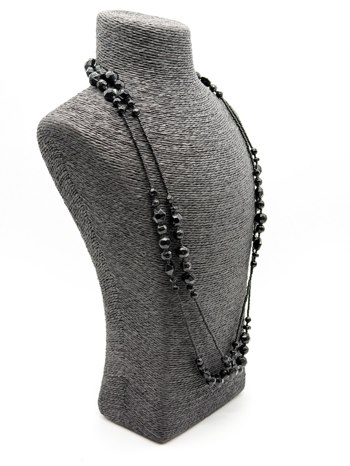 Vintage Black Glass Bead Long Necklace 30” Continuous Statement Strand