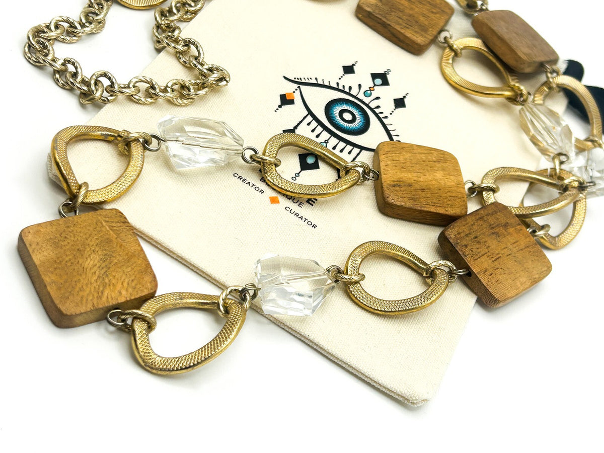 Long Linked Wood, Gold Tone & Clear Acrylic Statement Necklace
