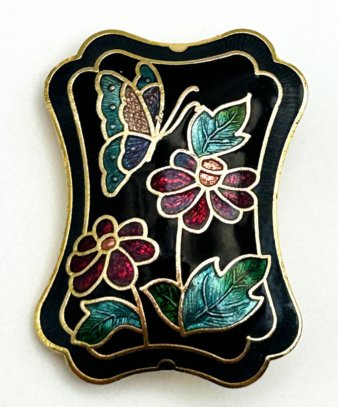 Vintage Cloisonné Enamel Brooch Butterfly Floral Black Gold Tone Pin 2.5”