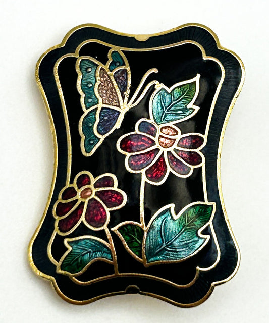 Vintage Cloisonné Enamel Brooch Butterfly Floral Black Gold Tone Pin 2.5”