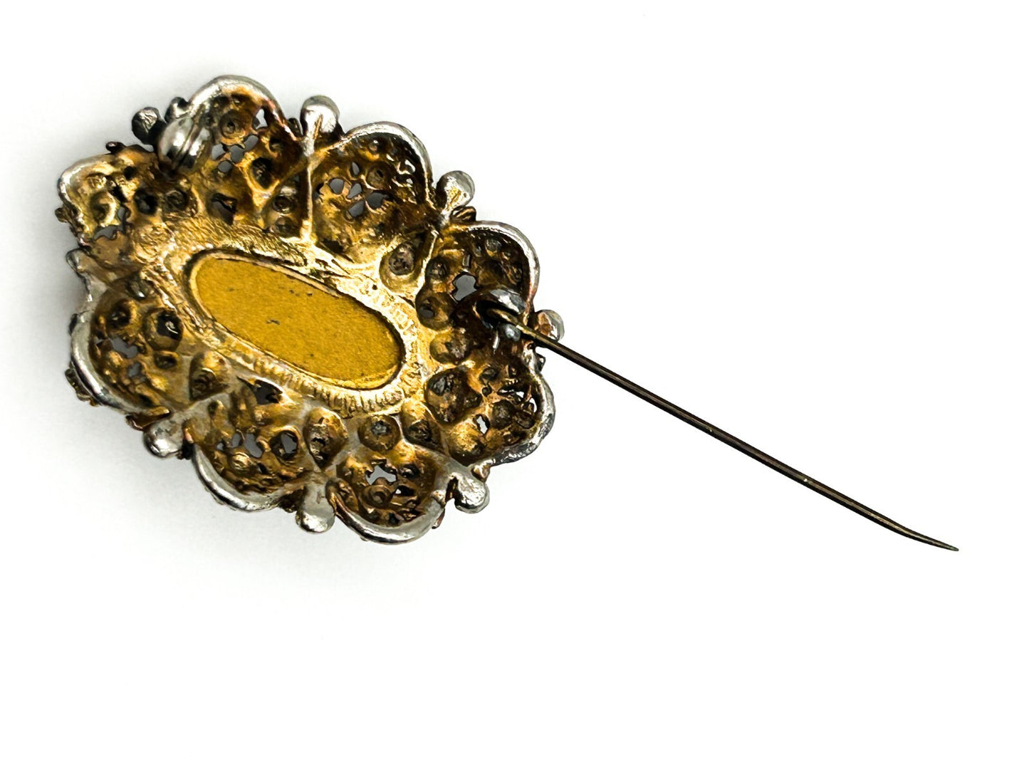Vintage Amber Glass Oval Cabochon Brooch Rhinestone Ornate Gold Tone Openwork