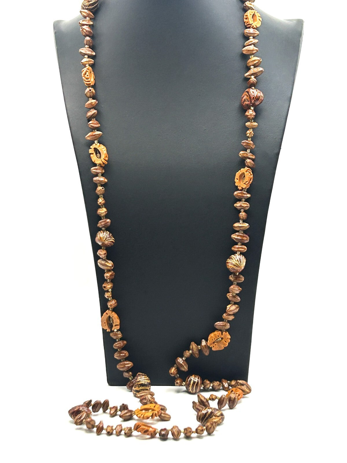Faux Walnut & Seed Bead Necklace – 24” Vintage