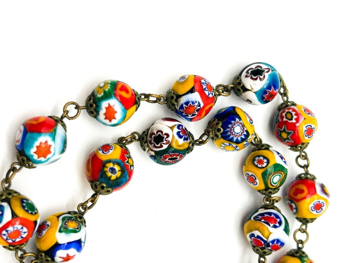 Vintage Murano Glass Millefiori Flower Multicoloured Necklace Floral Venetian