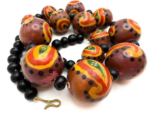 Graduated Hand-Painted Paisley Wooden Bead Necklace – Orange & Brown Tones