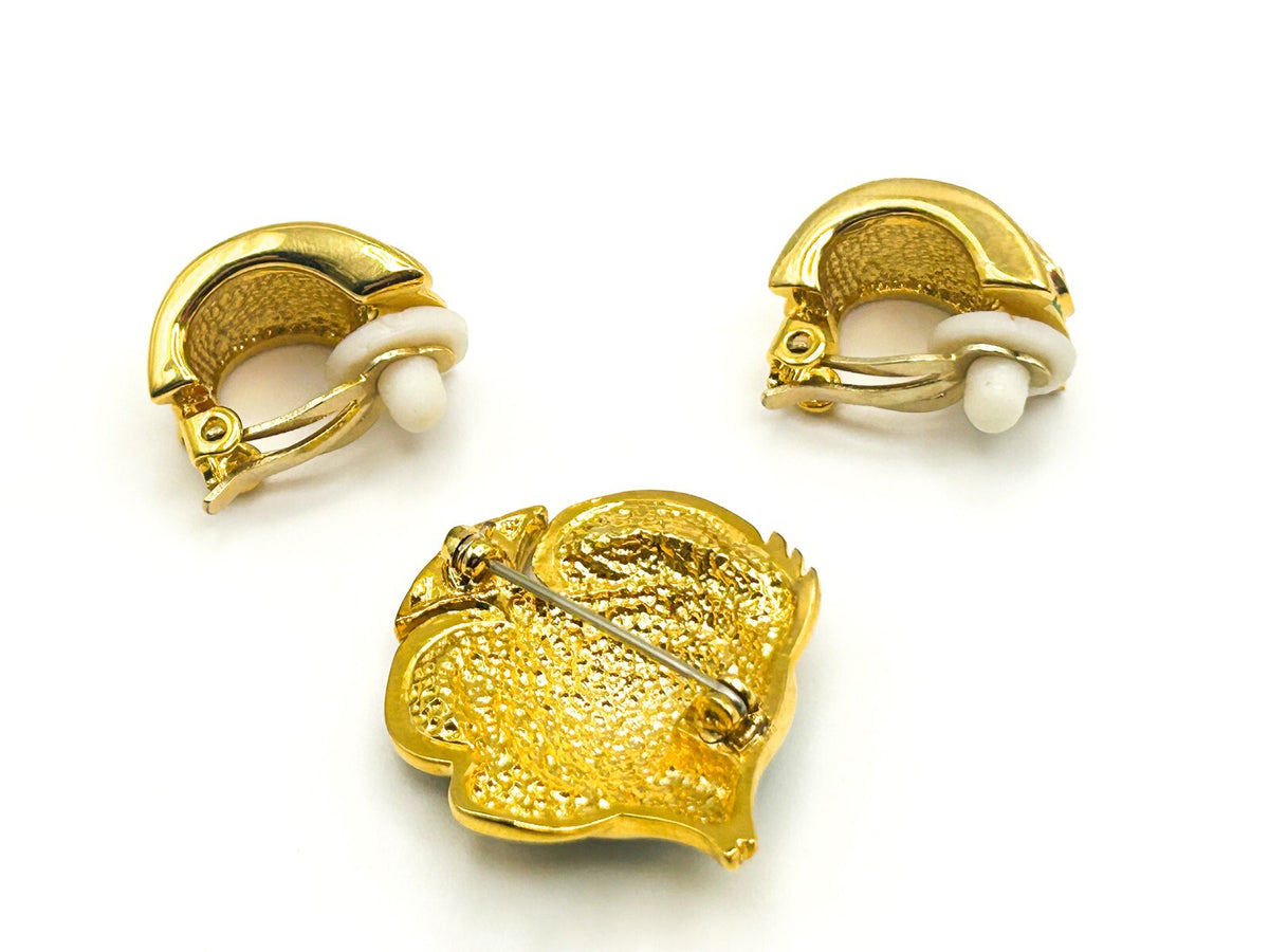 Vintage Cabouchon Angel Fish Brooch & Earrings Set Green Enamel Rhinestone NOC