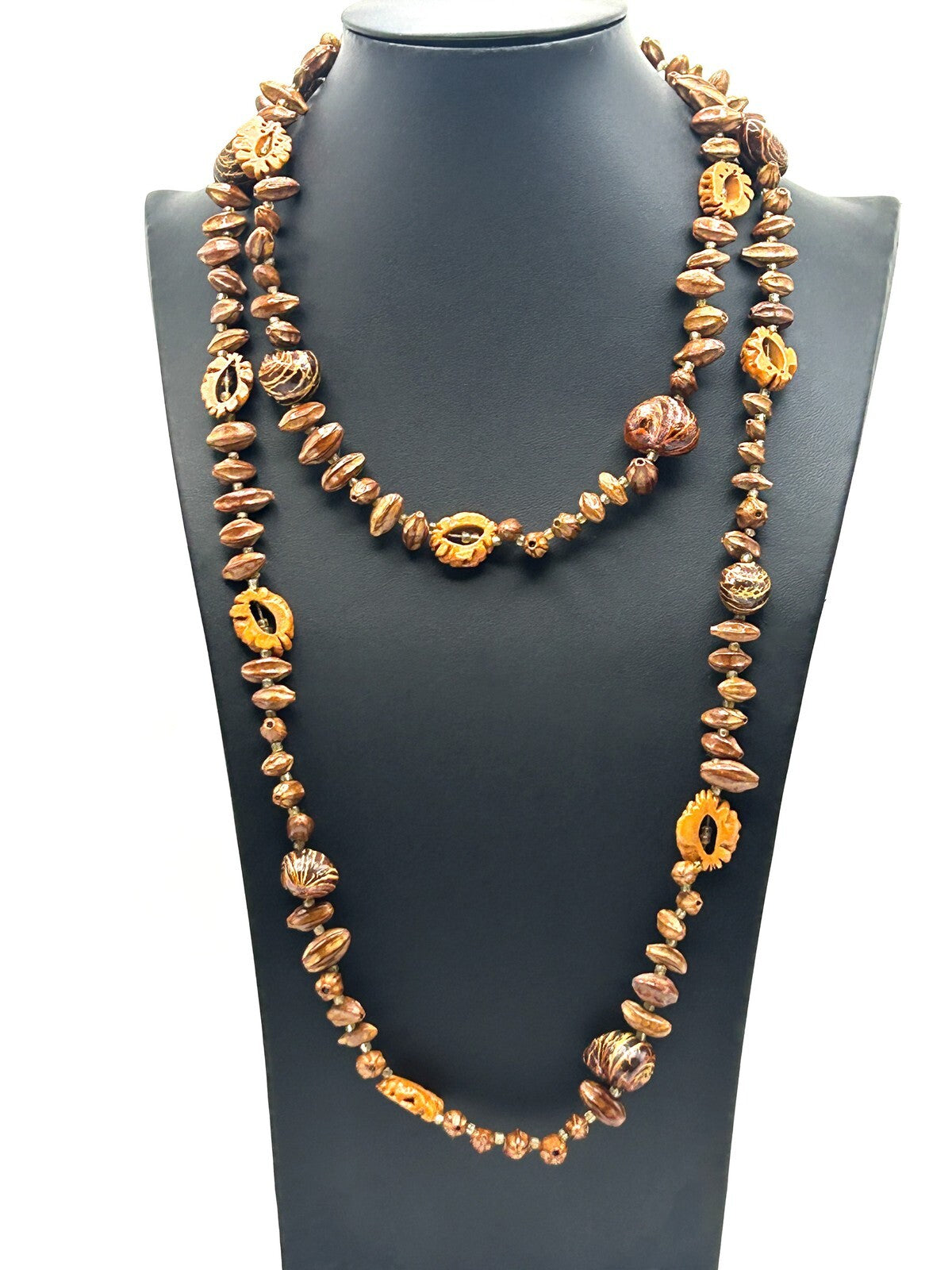 Faux Walnut & Seed Bead Necklace – 24” Vintage