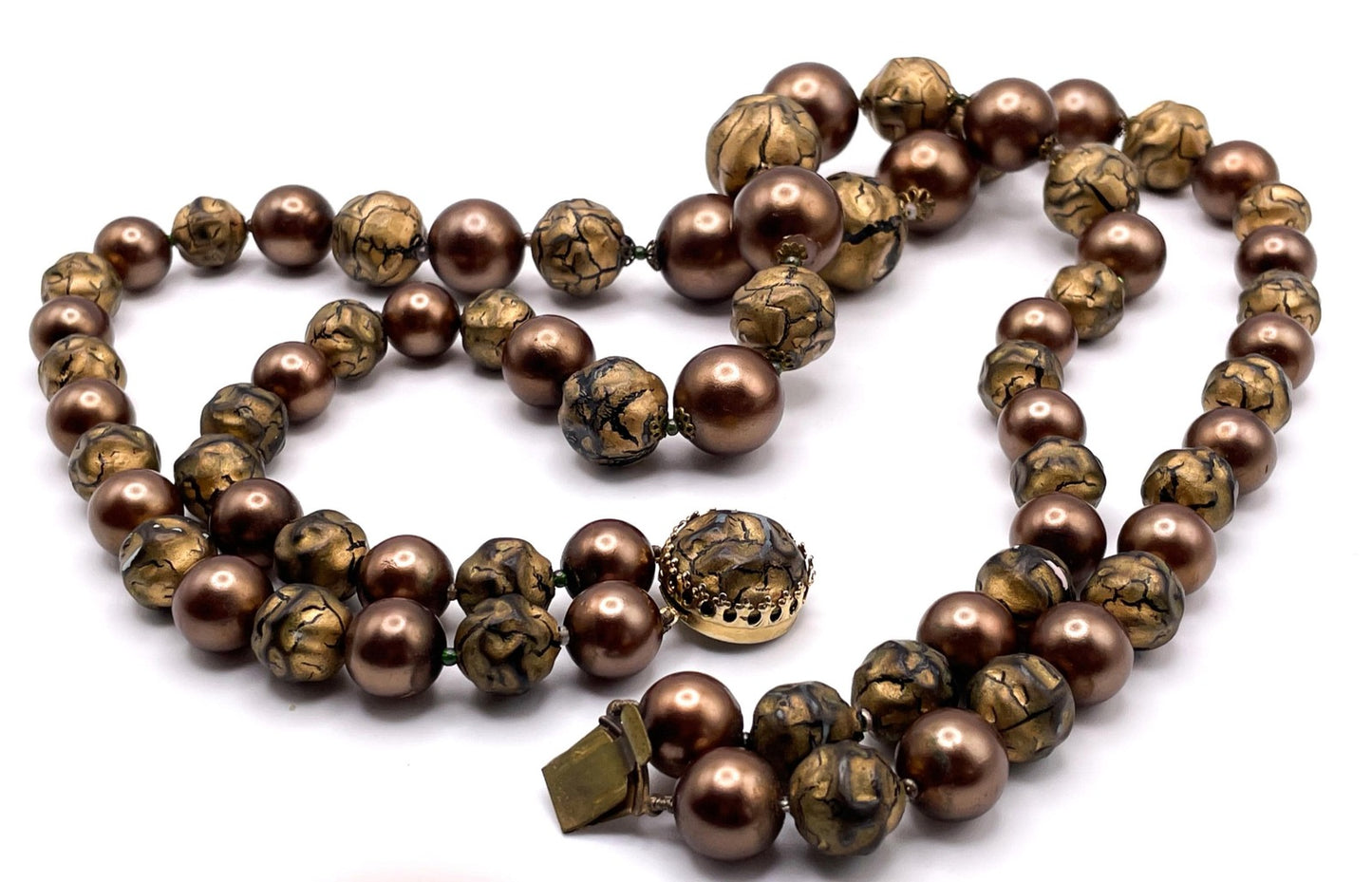 Bronze Tone Double-Strand Faux Pearl and Bead Necklace